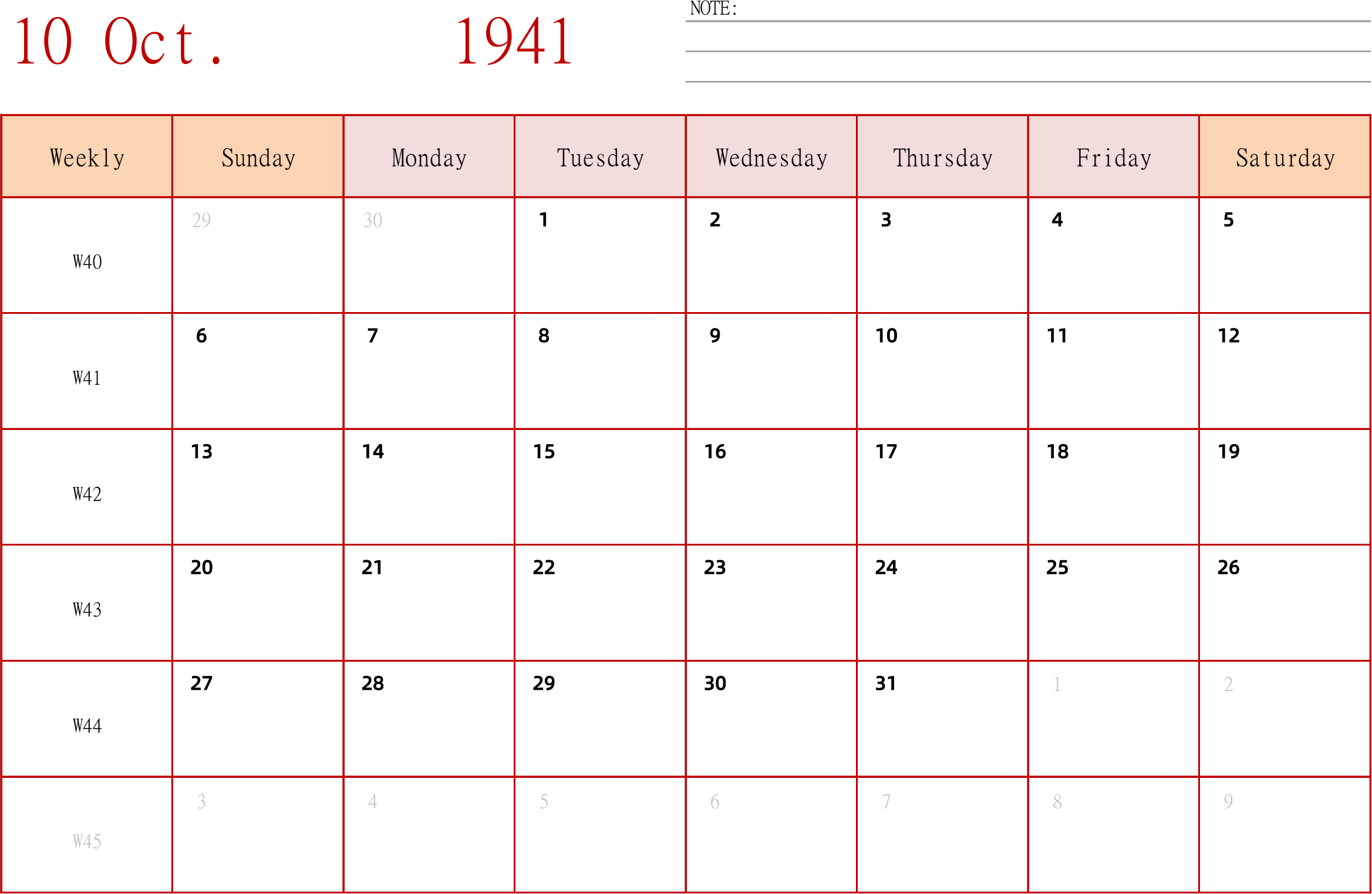 日历表1941年日历 英文版 横向排版 周日开始 带周数